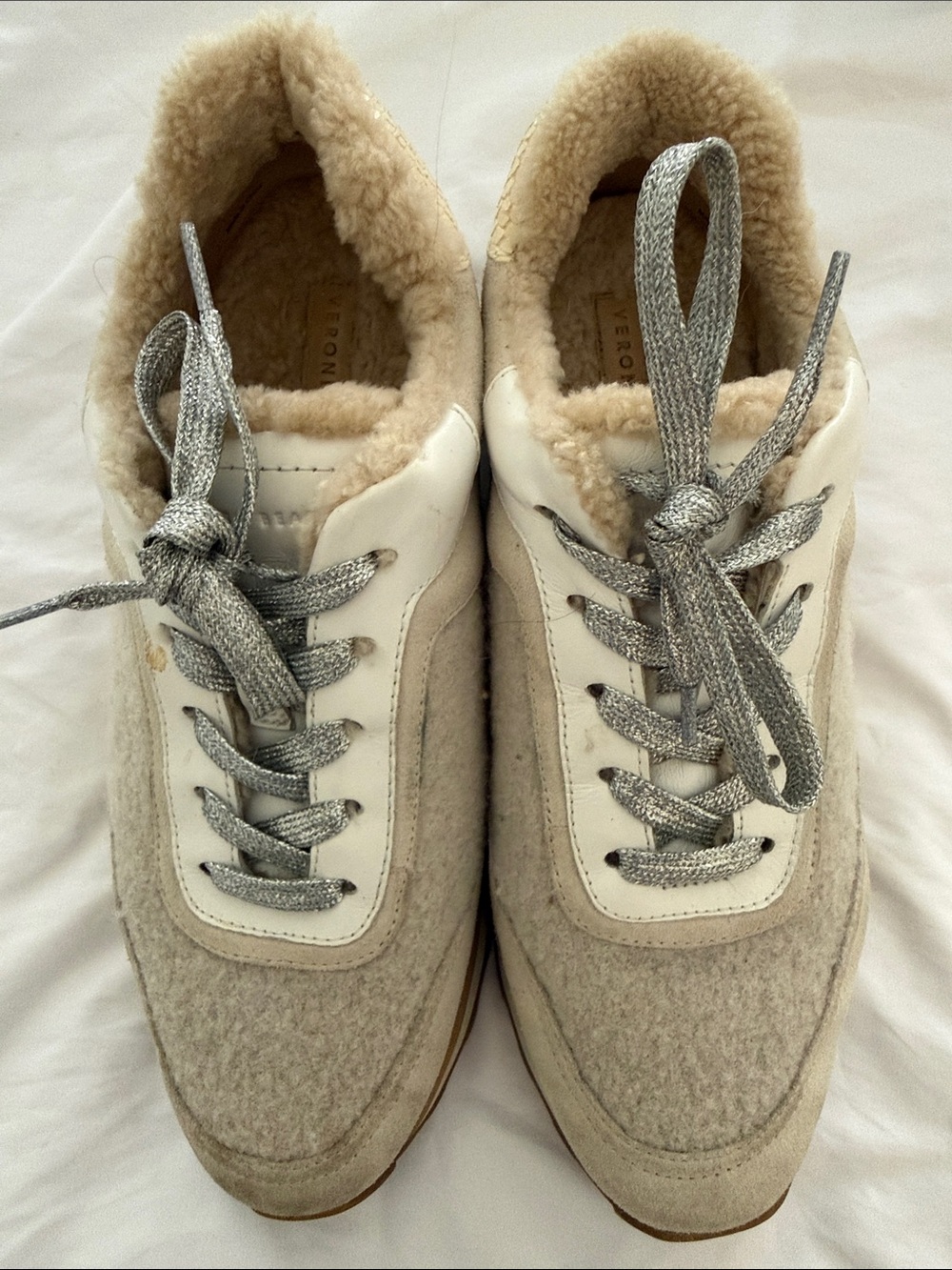 Veronica Beard Cream, Silver and Tan Shearling-Lined Sneakers